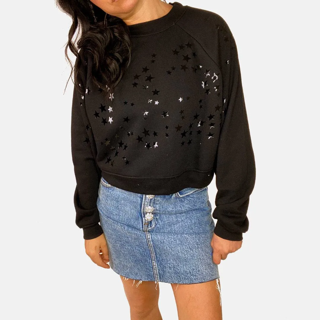 Casey Pullover Black Crewneck Sweatshirt - Glossy Black Stars