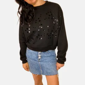 Casey Pullover Black Crewneck Sweatshirt - Glossy Black Stars
