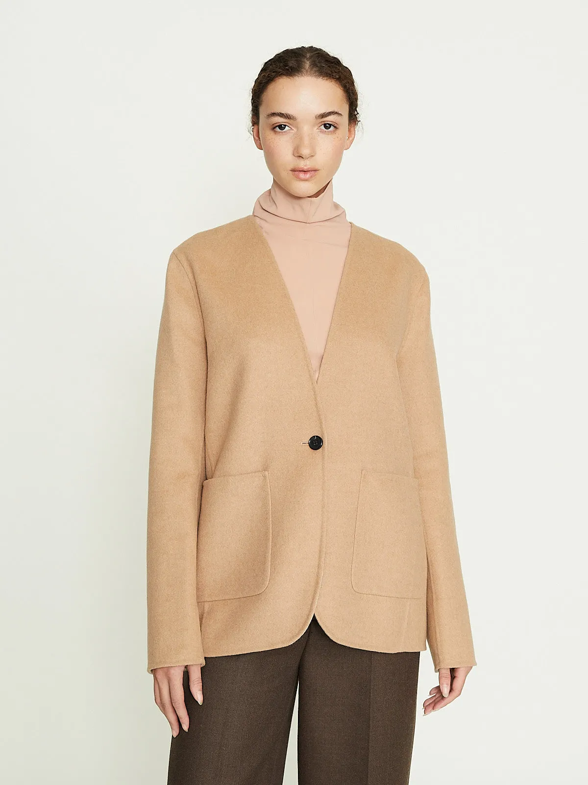 Cirrus Collarless Jacket in Camel/Beige