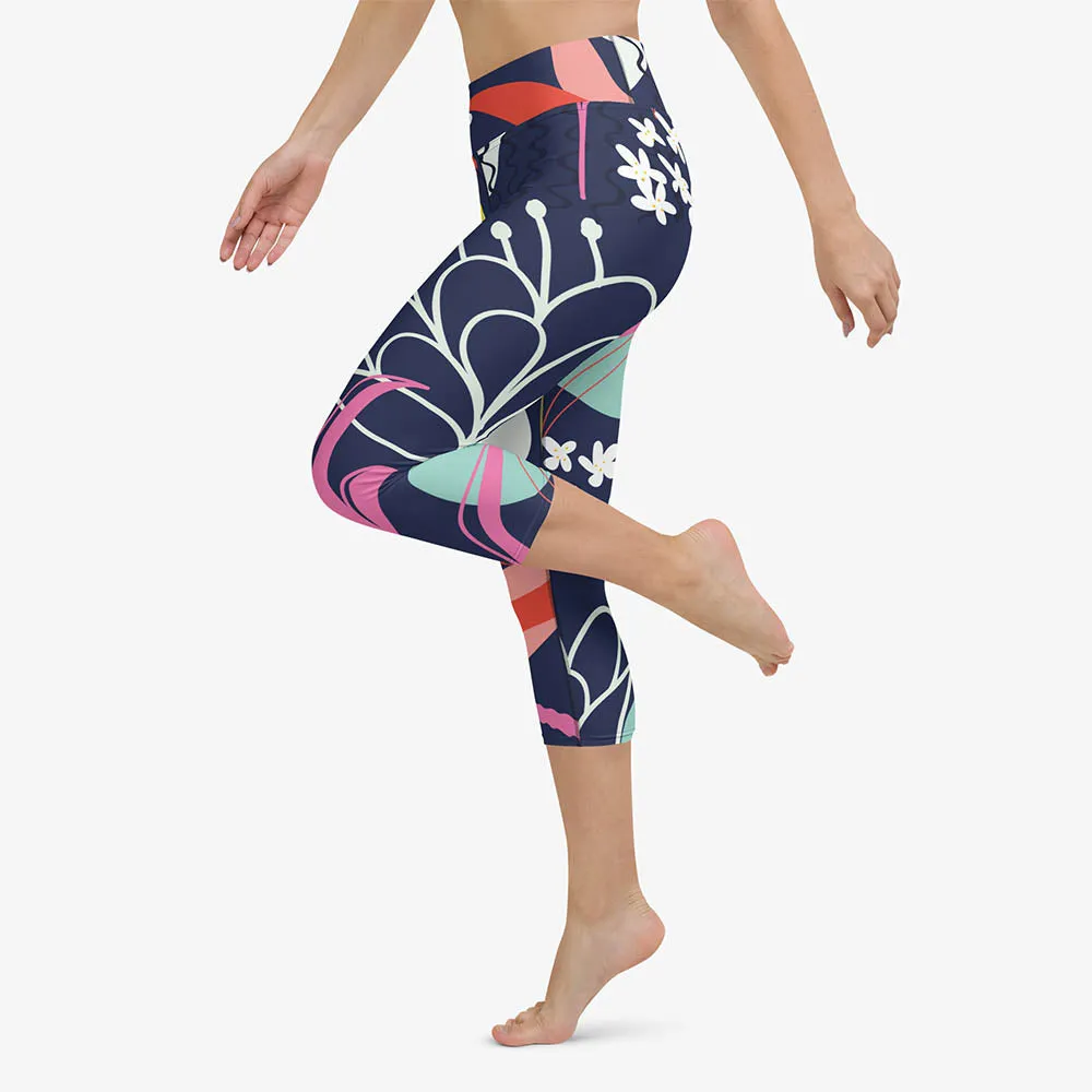 Floral Capris "Fluid Flowers" Blue/Yellow/Red