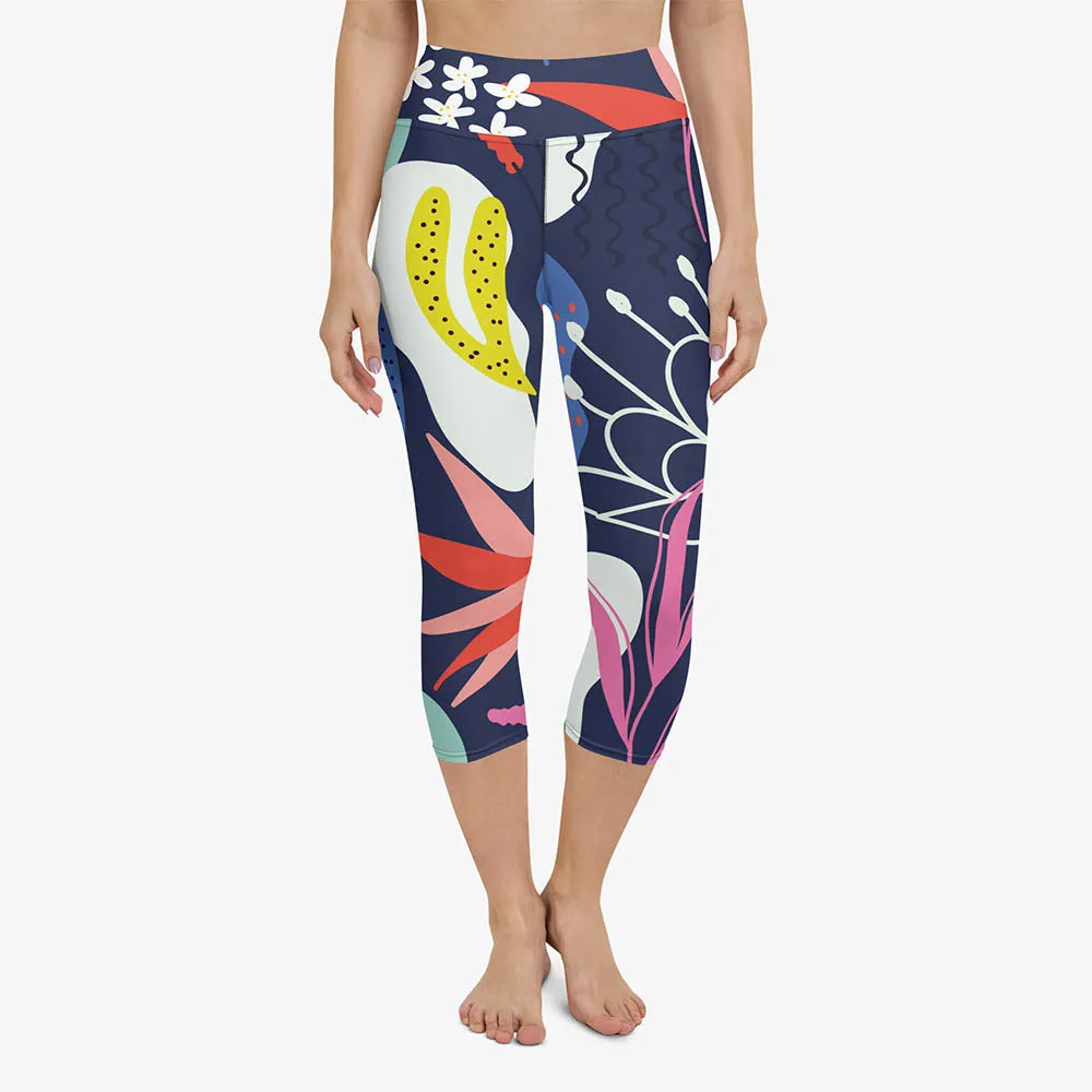 Floral Capris "Fluid Flowers" Blue/Yellow/Red