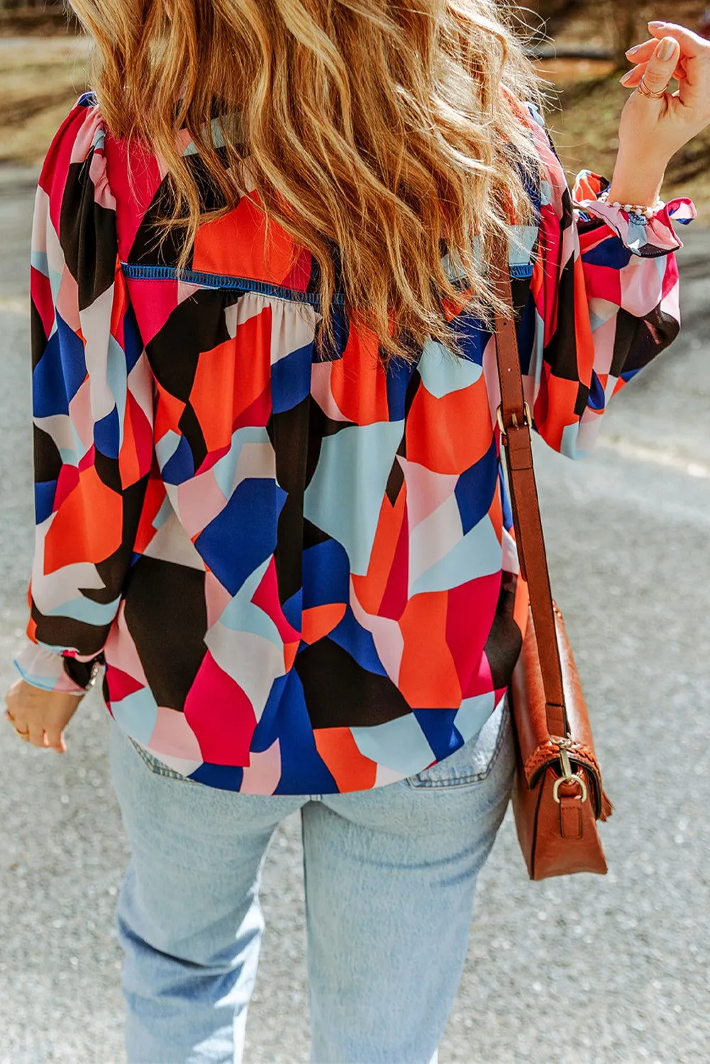 Multicolor Abstract Print Casual Puff Sleeve Blouse