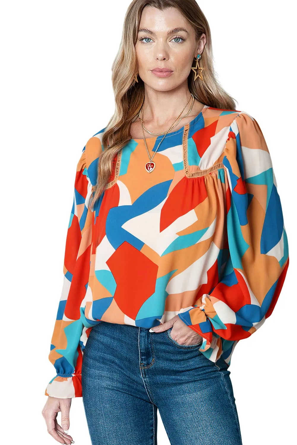 Multicolor Abstract Print Casual Puff Sleeve Blouse