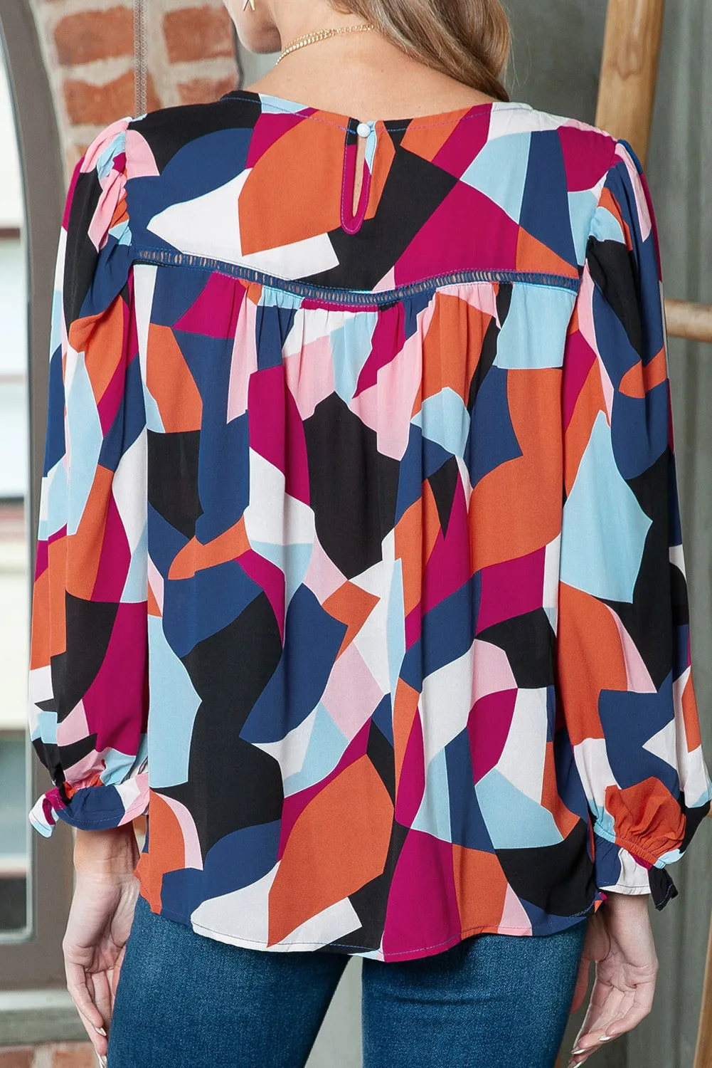 Multicolor Abstract Print Casual Puff Sleeve Blouse