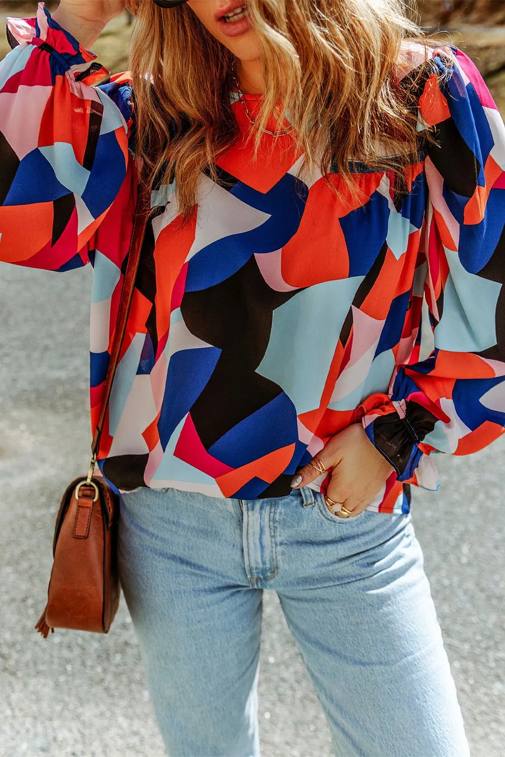 Multicolor Abstract Print Casual Puff Sleeve Blouse