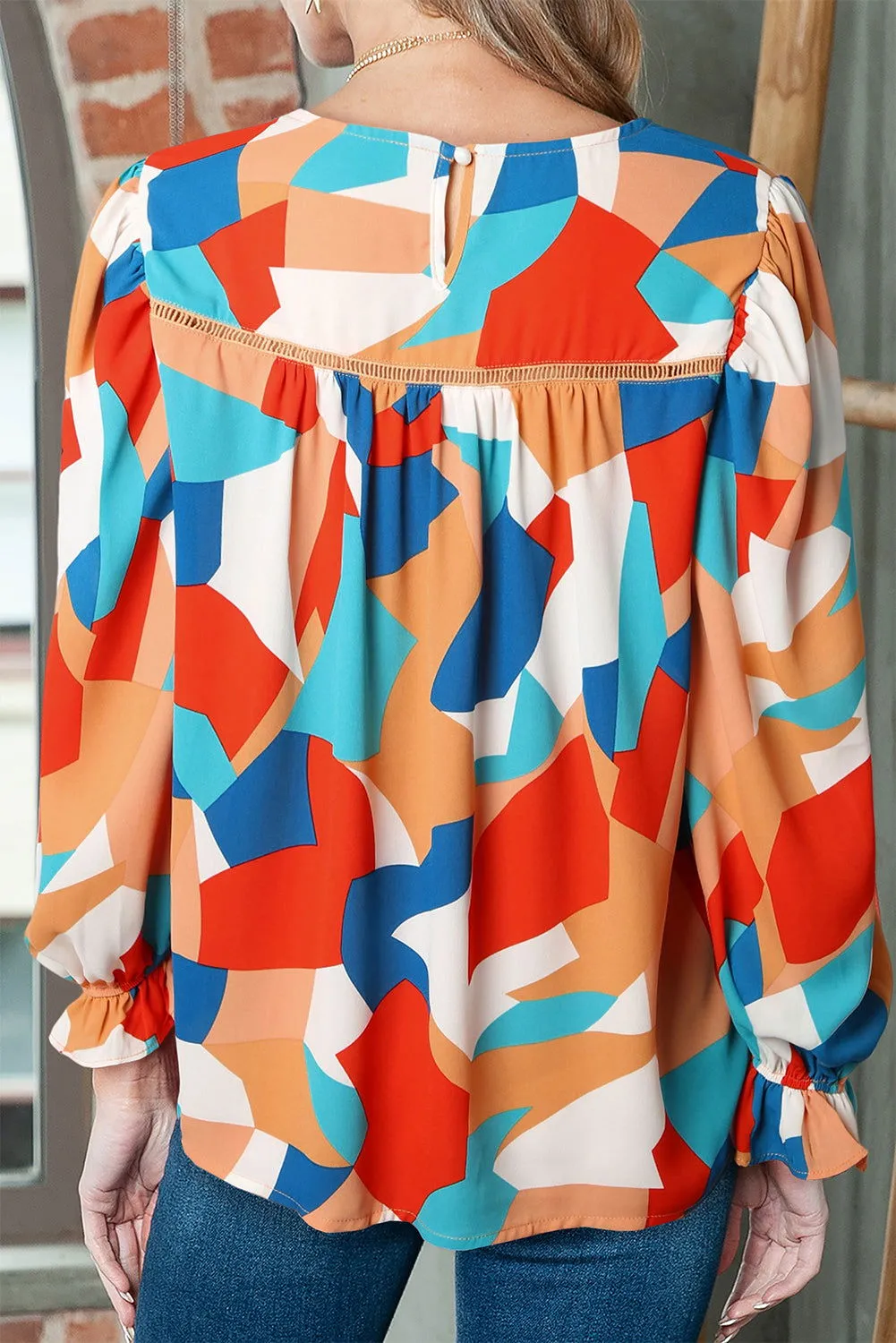 Multicolor Abstract Print Casual Puff Sleeve Blouse