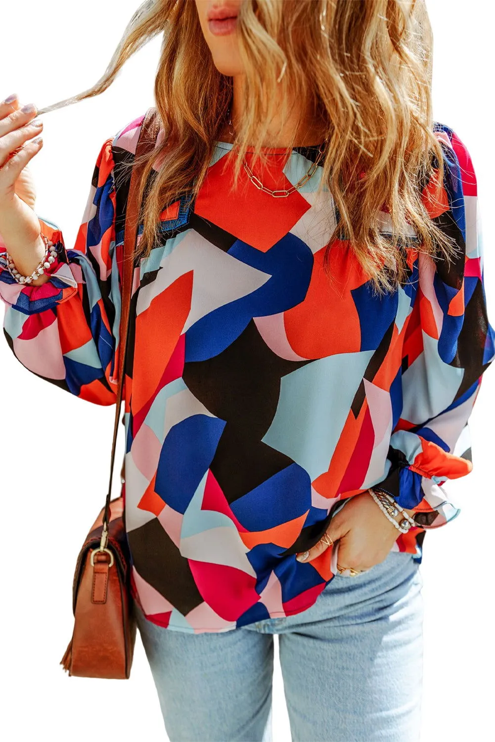 Multicolor Abstract Print Casual Puff Sleeve Blouse