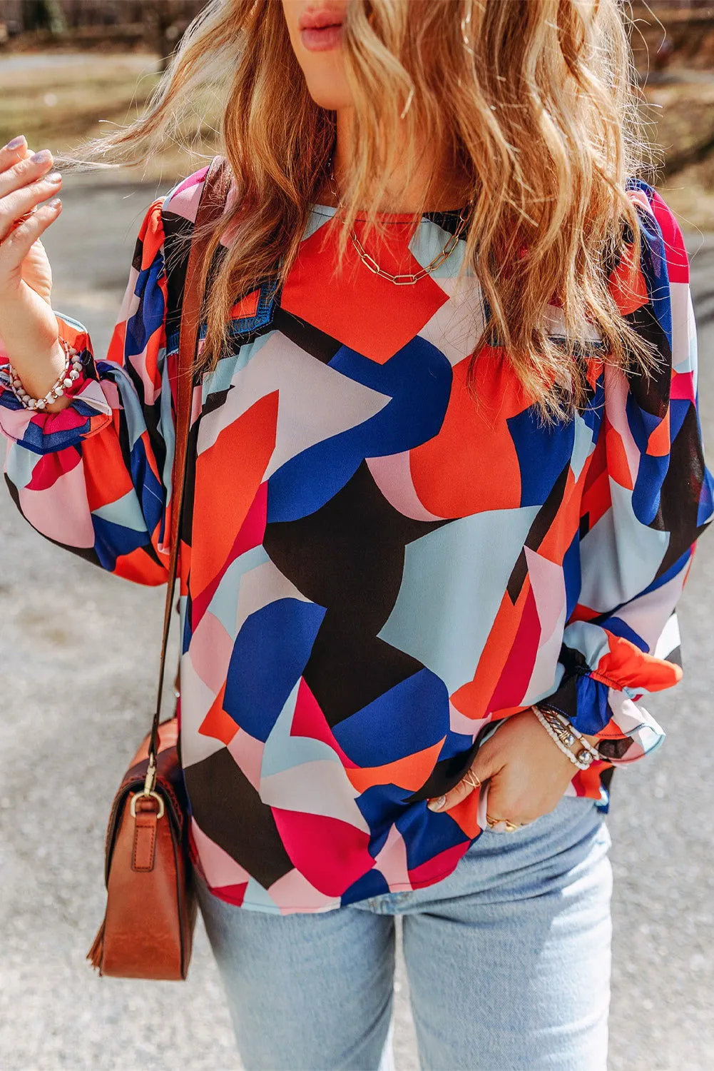 Multicolor Abstract Print Casual Puff Sleeve Blouse