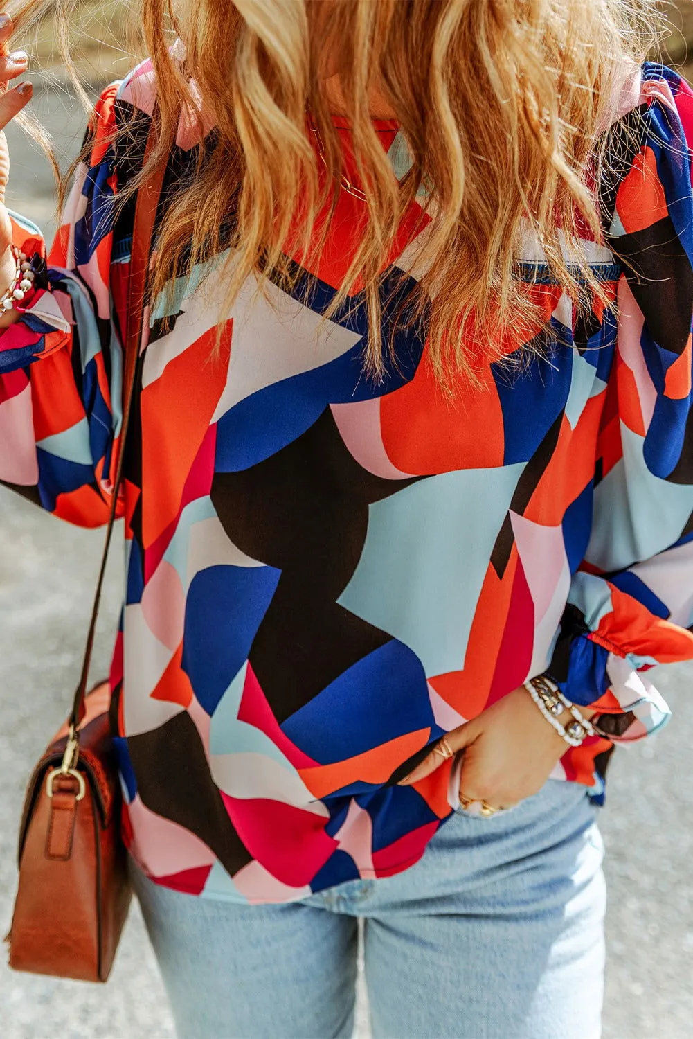 Multicolor Abstract Print Casual Puff Sleeve Blouse