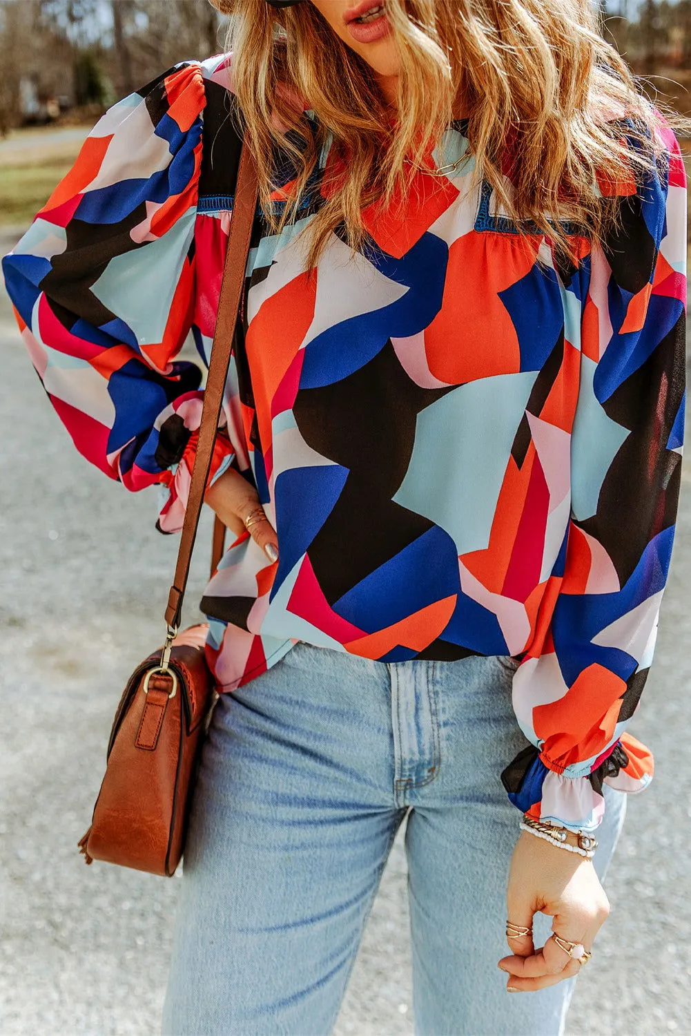 Multicolor Abstract Print Casual Puff Sleeve Blouse