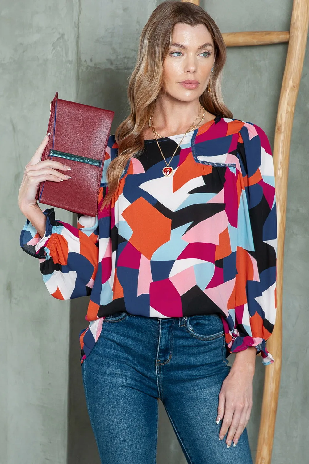 Multicolor Abstract Print Casual Puff Sleeve Blouse