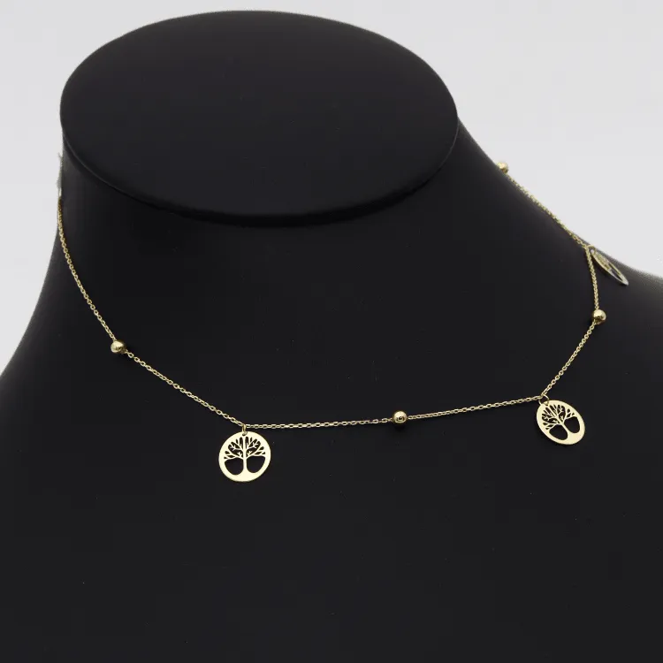 Real Gold Plain Tree Dangler Necklace With Beads 0239-11 N1326