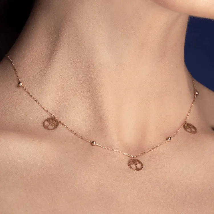 Real Gold Plain Tree Dangler Necklace With Beads 0239-11 N1326