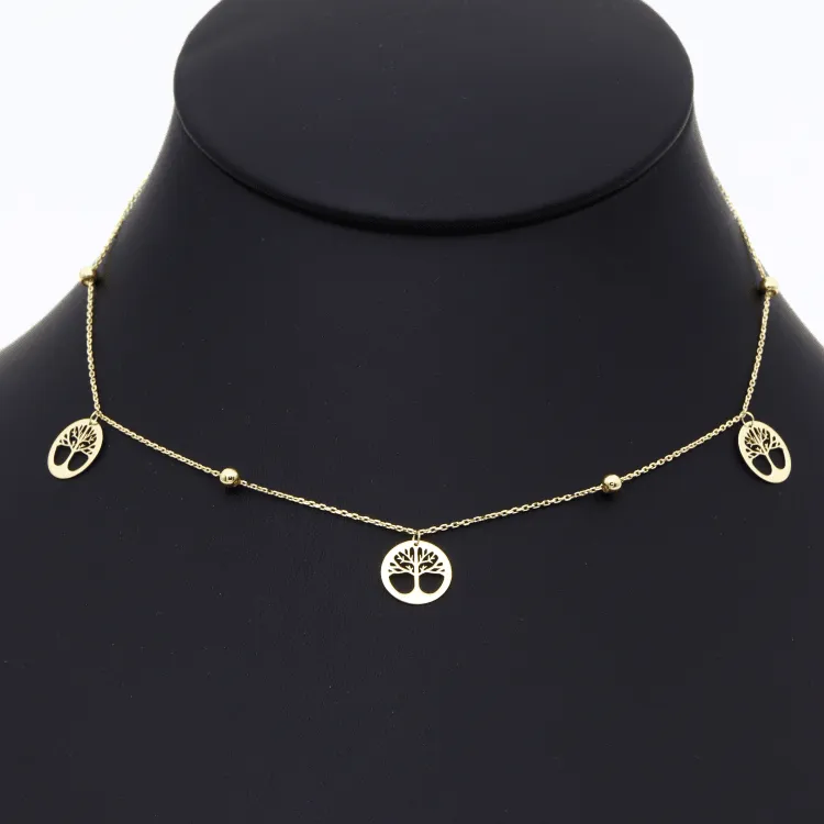 Real Gold Plain Tree Dangler Necklace With Beads 0239-11 N1326