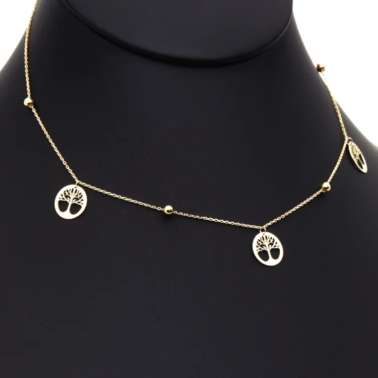 Real Gold Plain Tree Dangler Necklace With Beads 0239-11 N1326
