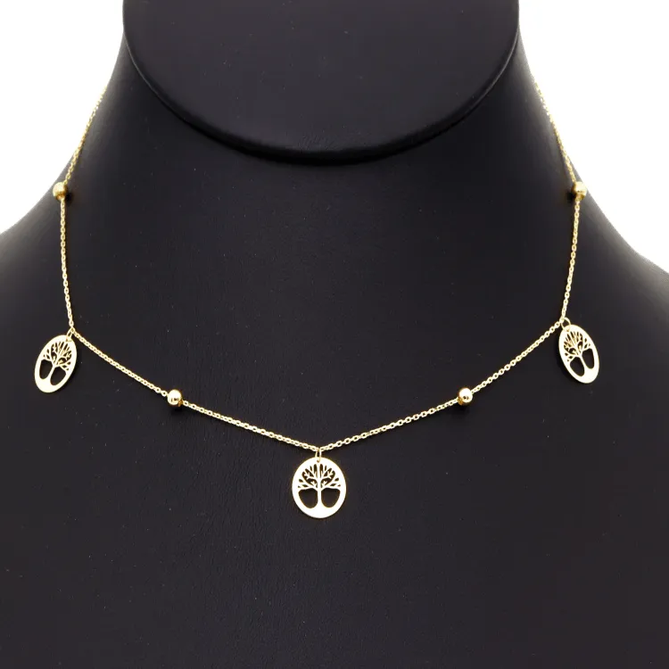 Real Gold Plain Tree Dangler Necklace With Beads 0239-11 N1326
