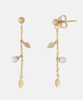 Sterling Silver Gold Plated Long Earrings for Women with Short Post and Organic Pearl, 4mm Round White Pearls, 1.8" Length, Romea Collection