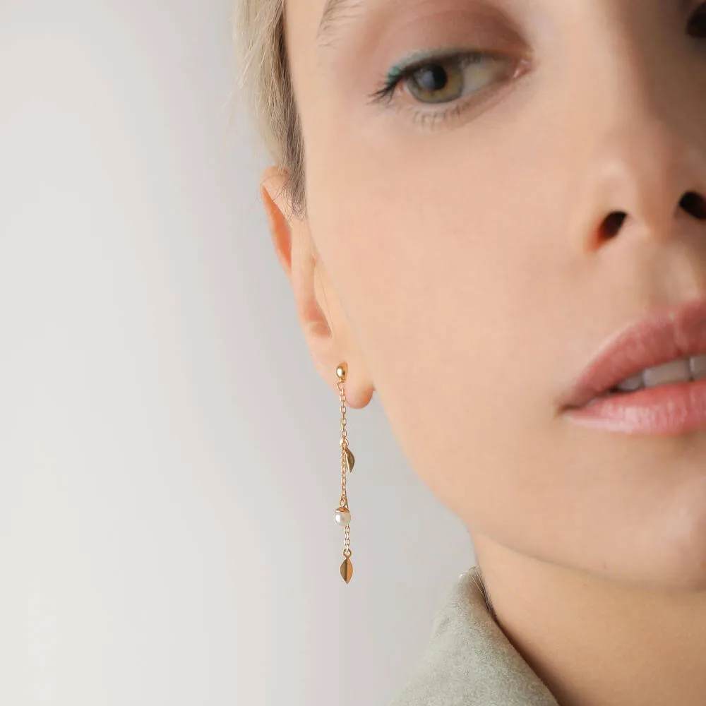 Sterling Silver Gold Plated Long Earrings for Women with Short Post and Organic Pearl, 4mm Round White Pearls, 1.8" Length, Romea Collection